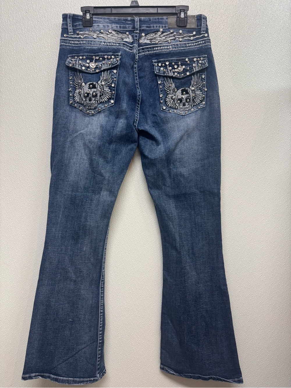 Sky Dark Blue Embroidered Flare Jeans with Studded Skull Pockets Sz 13 (D-93)